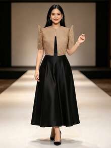 蝴蝶袖 Filipiniana 風格女款優雅時尚蕾絲泡泡短袖上衣，Filipiniana 靈感上衣 - 咖啡棕 - 查看 3