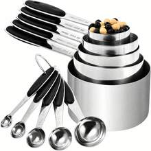 Measuring Cup And Spoon Set, Stainless Steel Measuring Cup And Spoon Set, Graduated Measuring Cup And Spoon Set, Stackable Measuring Cup Set, Suitable For Dry And Liquid Ingredients - Kitchen Supplies - Baking Tools - Black - View 8