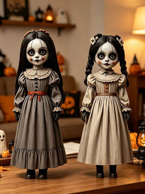 2pcs Halloween Little Girl Ghost Tiered Tray Decor - Rustic Wooden Tabletop Centerpiece, Classic Autumn Harvest Home Decoration, Suitable For Dining Table, Fireplace, Coffee Corner, Office Desk, Tiered Tray, Bookshelf - Perfect Autumn Holiday Party Prop, Family Gathering, Holiday Display, Indoor Decoration, Farmhouse Style Living Room Arrangement, Halloween And Christmas Tabletop Decor