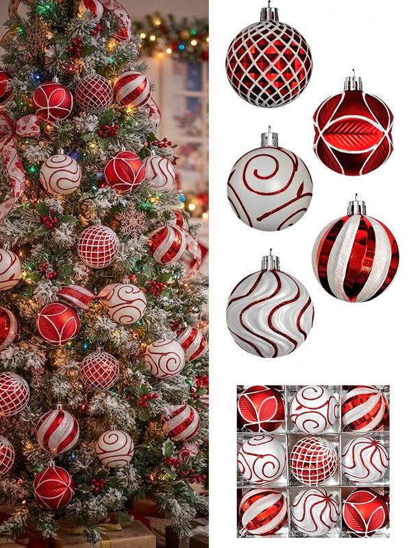 Red & White Color Block Shatterproof Christmas Baubles, Glossy & Matte Plastic Christmas Hanging Balls With Red Glitter Spiral, Leaf, Wavy Line And Mesh Pattern, Classic Red & White Christmas Tree Hanging Ornaments, Suitable For Indoor Home Christmas Party, Fireplace, Wreath, Door & Window Porch Decor, Dual-Color Christmas Decorative Balls