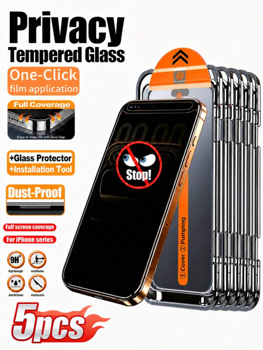 CASECOPS 5Pcs Privacy Phone Screen Protector Film, Full Coverage, Anti-Spy, Anti-Glare, Anti-Fingerprint, Compatible With Phone Cases, Compatible With IPhone 18 Pro Max/18 Pro/17 Pro Max/17 Pro/17/16 Pro Max/16 Pro/16/15 Pro Max/14 Pro Max/13/12/11/XS Max/XR, With Automatic Mounting Tools And Automatic Alignment Tools, Front HD Display, Side Privacy Protection, Suitable For Daily, Office And Home Use - 5Pcs - View 1