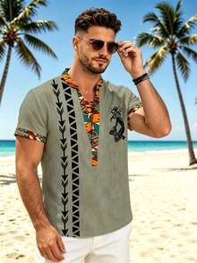 Men's Printed Short Sleeve Henley Shirt, African Pattern V-Neck Stand Collar Casual Top - Multicolor - View 3