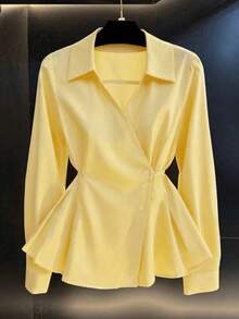 Plus Size Women's Spring/Autumn New Solid Color French V-Neck Tie Waist Casual Long Sleeve Blouse Yellow - Yellow - View 5