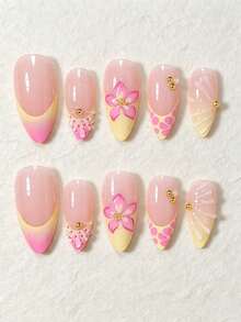 24 Peças Unhas Postiças em Formato de Amêndoa 3D Gel Elegante e Descolado, Amarelo Creme, Rosa, Bloco de Cor, Pontilhado, Gradiente Floral, Contas de Aço Dourado, Linha de Pérola, Francês, Brilhante, Brilhante, Branco, Unhas Postiças da Moda Versáteis e Usáveis, Adequadas para Encontros, Festas, Primavera, Verão, Mulheres e Meninas, Outono, Inverno, Uso Diário, Conjunto de Unhas Removíveis com Cola de Gelatina e Lixa de Unha, Fácil de Usar e Durável, Cola de Gelatina Enviada Aleatoriamente - Multicolorido - Visão 3