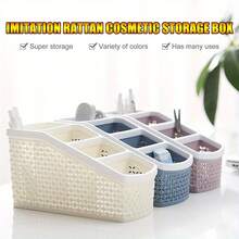1pc 4-Compartment Faux Wicker Plastic Desktop Remote Control Storage Rack, Living Room Coffee Table Multi-Function Divided Organizer Box, Space-Saving Tidy Desktop Clutter Organizer - Multicolor - View 10