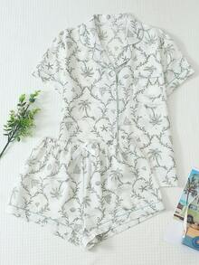 2pcs Women's Comfortable Coconut Tree & Boat Print Short Sleeve Lapel Top And Bow Shorts Pajama Set, Spring/Summer - Green - View 3