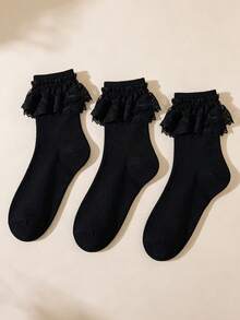 1/3/5 Pairs Women's Black Lace Ruffle Trim Short Socks, Soft Breathable Ribbed Knit Ruffle Mid-Calf Socks, Suitable For Daily Wear, Party, Cosplay, Vintage Ballet Core Lolita Princess Dress Socks - Black - View 14