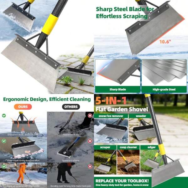 Floor Scraper Long Handle - Ice Removal Tool, Multifunctional Garden Cleaning Flat Shovel,  Scraper Heavy Duty Sharp Blade For Lawn Edging, Sidewalk Ing, Driveway Steps Snow Shovel