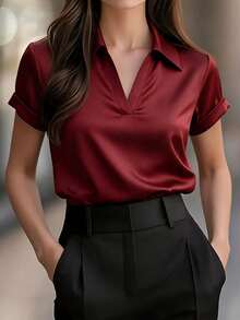 Minimal Silky Vacation Short Sleeve Shirt Graduation Commute Travel Vacation City Trip Leisure Brunch Wear - Burgundy - View 5