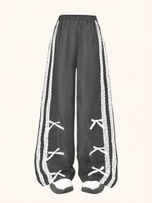This Fashionable And Casual Black Pants Feature Lace Ribbons And Bow Decorations On Both Sides Of The Legs, Suitable For Spring, Summer And Autumn Wear. It Can Be Worn For Spring Outings, Outdoor Activities, Travel And Daily Wear, Making It An Excellent Gift For Girls. - Grey - View 2