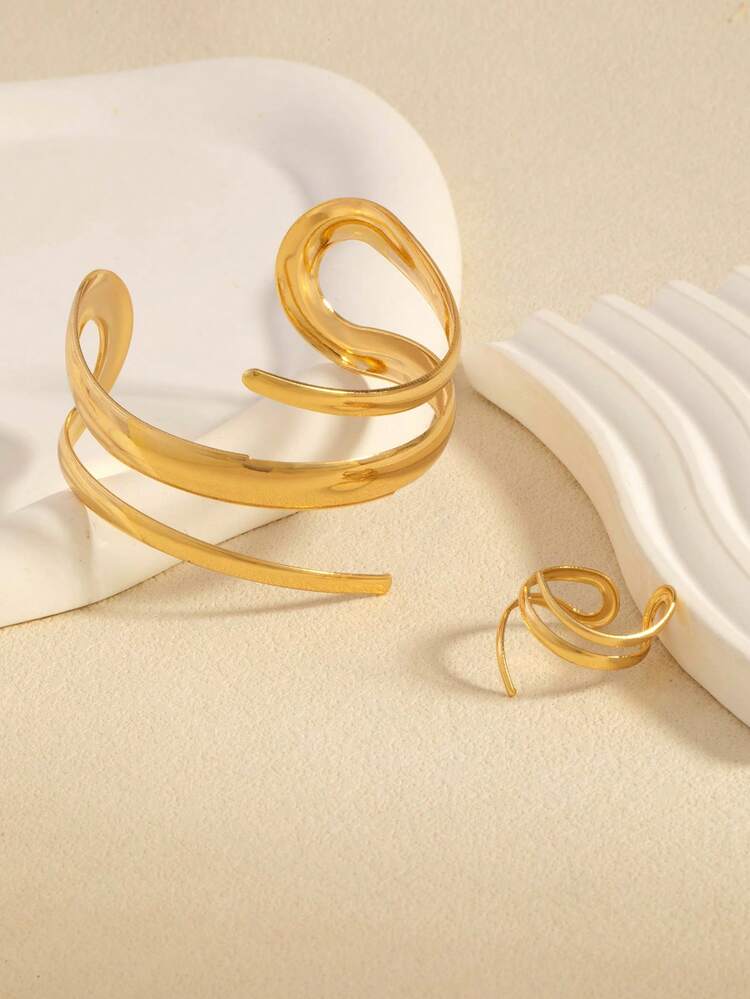 Set 2pcs Gelang & Cincin Geometris Gaya Eropa dan Amerika yang Dapat Dipersonalisasi, Cocok untuk Pakaian Sehari-hari atau Gaya Jalanan Wanita - Emas - View 2