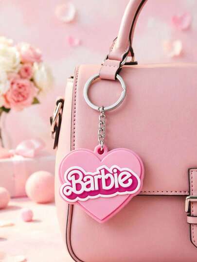 Mattel Barbie Heart-Shaped 3D Acrylic Keychain, Dual-Color Rose Red And White Embossed Handwritten Logo Silicone Pendant, Cute Girl Style Bag Charm, Barbie Fan Daily Accessory
