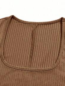 UREREM 210g Vestido de manga larga elegante de primavera, de punto acanalado de unicolor suave, con cuello cuadrado y cordón lateral, ajustado al Body - Café - Ver 4