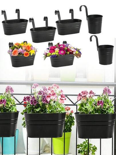 Black Iron Hanging Metal Flower Pot Balcony Railing Wall-Mounted Bucket Set, Suitable For Home Gardening, Balcony Yard Renovation, Green Plant Cultivation, Balcony Railing Hanging Planting Pothos Succulents, Fence Decoration Planting Flowers, Window Sill Railing Flower Display, Yard Landscaping Green Plant Cultivation, Pot Bottom With Drainage Holes To Prevent Water Accumulation And Root Rot, Adjustable Hook Width Fits Most Railing Pipe Diameters, No-Drill Installation Easy To Handle And Care, Saves Flat Space, Durable And Highly Attractive Wall-Mounted Green Plant Planting Pot, Portable Flower Pot For Back To School Season