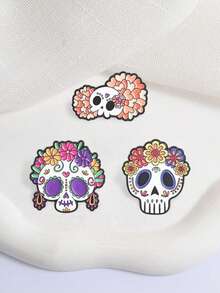3Pcs Mexican Day Of The Dead Floral Sugar Skull Enamel Pin Latin Folk Cartoon Brooch Holiday Decor Badge - Multicolor - View 5