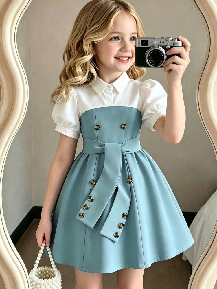 Summer New Double-Breasted Collar Petal Sleeve Color Block Dress With Belt, Fashionable & Elegant For Young Girls - Mint Green - View 1