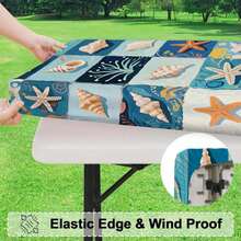 2D Plano - 1 pieza Mantel elástico lavable - Base verde menta con estampado de cuadrícula de dibujos animados de estrellas de mar y conchas en azul claro y blanco - Adecuado para uso interior y exterior - Mantel rectangular - Diseño de poliéster duradero - A - Ver 6