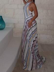 Top Dazzle Women's Sexy Knitted Halter Neck Backless Sleeveless A-Line Slit Maxi Dress, Medium Stretch Fabric - White - View 9