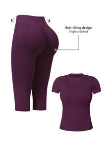 TimeOff Conjunto de mujer de un solo color sin costuras con cuello redondo, manga corta, cintura acanalada y pantalones de largo medio para gimnasio, correr y entrenamiento - Morado - Ver 11