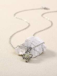 Fashionable Creative Luminous DIY Lotus Shaped Pendant Necklace, Which Can Be Opened, Sky Blue Luminous, 1pc - Silver - View 4