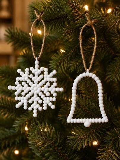 2pcs Christmas Tree Hanging Ornaments, 2-Piece Set White Textured Minimalist Snowflake And Bell Hanging Decorations, Modern Farmhouse Style, 3D Shaped, Holiday Party Decor, Christmas Gift, No Bending Tree Branches