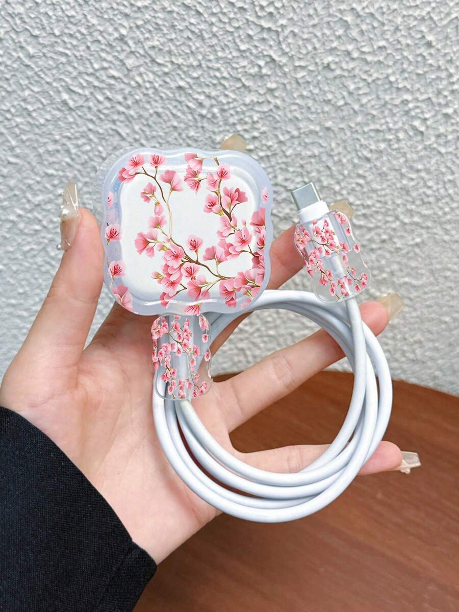 3pcs Set Data Cable Charger Protective Cover UC Painted Pink Flower Pattern Suitable For UK Standard Apple Fast Charger 20W UK Charger Use Anti-Break Charger Protector - Multicolor - View 1