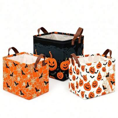 2pcs Halloween Foldable Storage Baskets, Cartoon Toy & Clothing Storage Boxes, Multi-Functional Canvas Storage Bins, Halloween Ghost Theme Storage Baskets, Candy Boxes, Pumpkin Party Storage Baskets