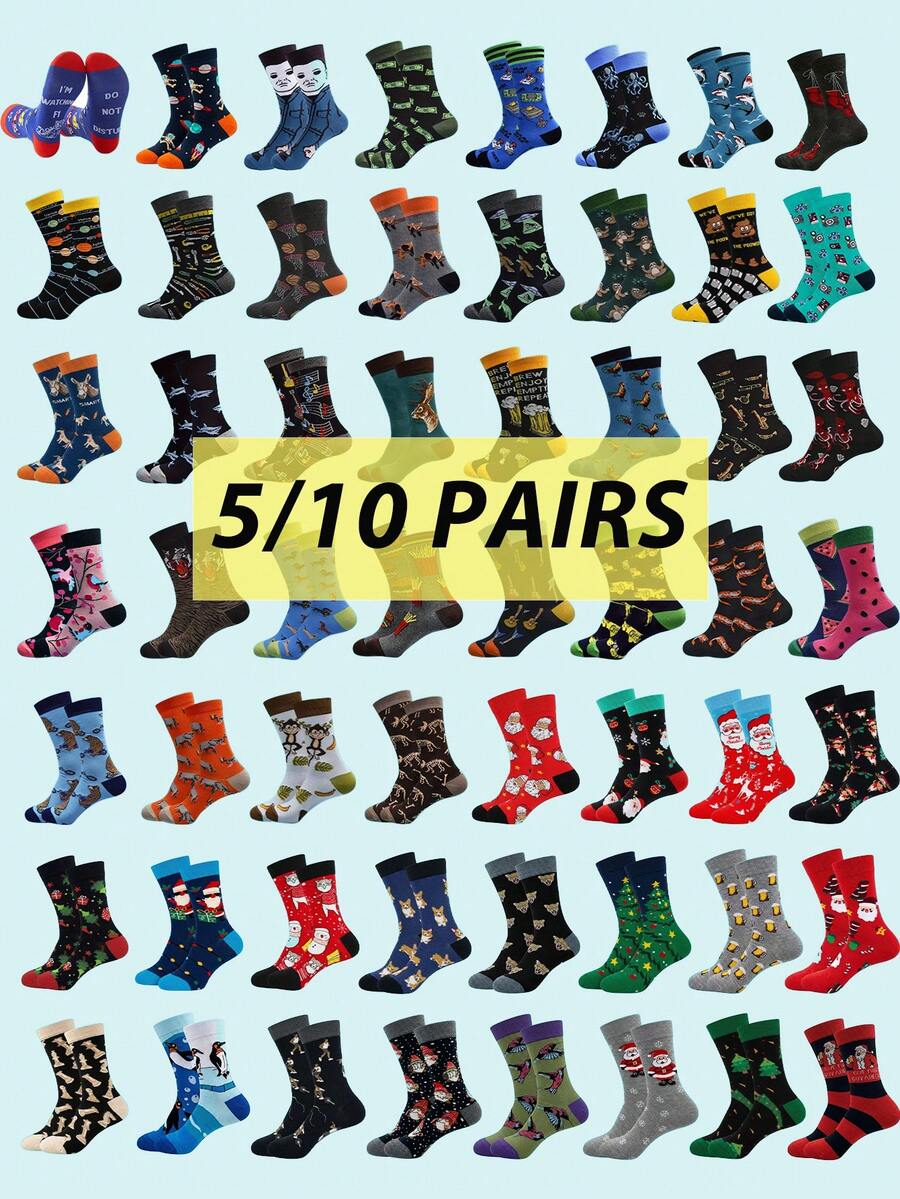 5/10 Pairs Men's Fun Mid-Calf Socks, Assorted Animal, Cartoon And Geometric Patterns, Breathable For All Seasons, Suitable For Daily Wear And Holiday Gifts - Multicolor - View 1