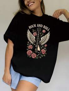 Music Festival Spring Summer Basic Tops Airy Comfort 100% Cotton Short Sleeve Tee Vintage Music Pattern Casual Daily Outfit Shirts - Black - View 2