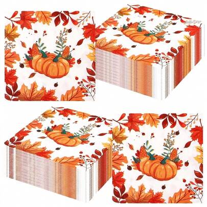 20/40/60PCS Fall Maple Leaf Pumpkin Napkins, Thanksgiving Party Decorations, Autumn Table Decor, Disposable Paper Napkins For Fall Gatherings
