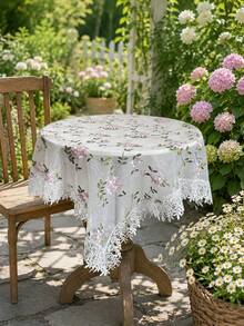 1pc Pink Pattern Embroidered Tablecloth, Lace Trim Decoration, Polyester Fabric, Embroidered Floral Pattern Tablecloth, Rectangular Square Tablecloth, Suitable For Dining Room Living Room Tabletop Decoration - White - View 5