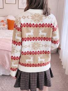 1pc Girls/Teens Christmas Gift Cute Reindeer & Snowflake Round Neck Sweater, Spring/Autumn/Winter - Multicolor - View 3