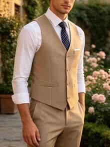 Vest For Men Solid Formal Suit Waistcoat With Wide Pockets For Business Wedding Party Outfit To Match Men Suits - Champagne - View 10
