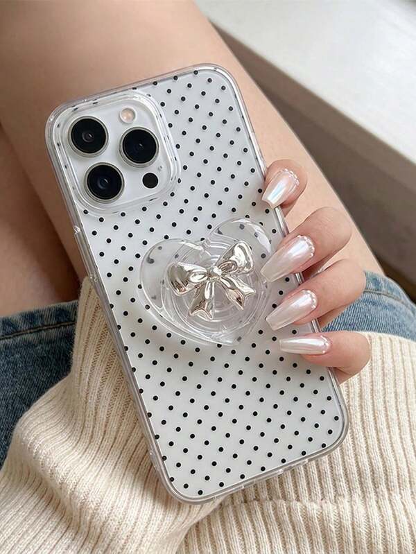 Stand Ponsel Minimalis Bergaya Jepang & Korea Segar dengan Motif Pita & Hati Transparan, Desain Bantalan Udara, Kompatibel dengan iPhone 16 dan 17 Pro, Termasuk Pegangan Ponsel, Stand Ponsel, Dekorasi Meja & Ruangan, Tali Pergelangan Tangan Ponsel, dan Stand Casing Ponsel