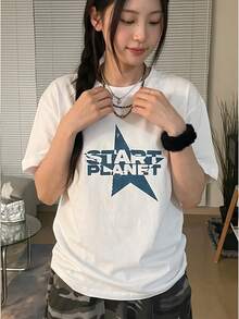 Women Y2K Style Crew Neck Regular Fit Short Sleeve T-Shirt Blue Star & "START PLANET" Print For Spring Summer Autumn Fast Local Delivery - 白色 - 查看 1