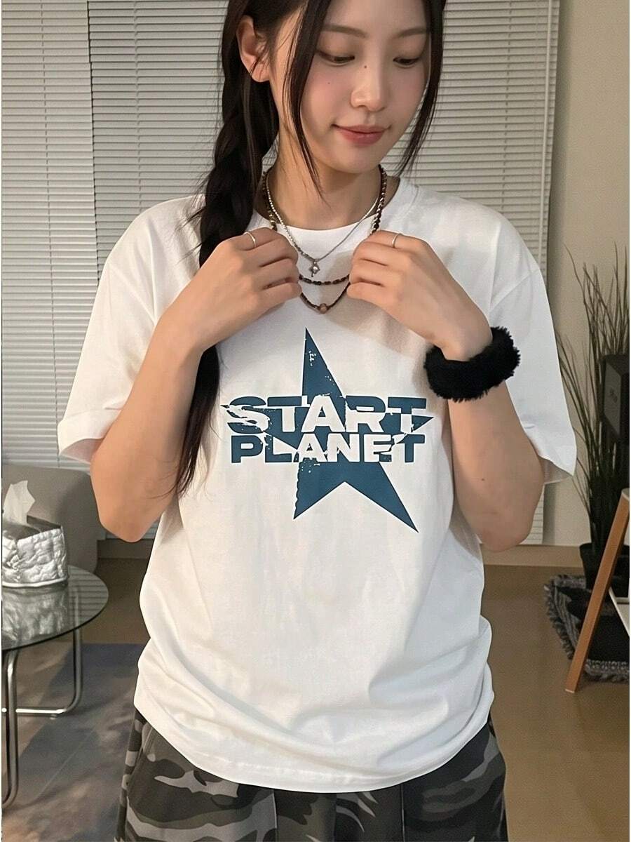 Women Y2K Style Crew Neck Regular Fit Short Sleeve T-Shirt Blue Star & "START PLANET" Print For Spring Summer Autumn Fast Local Delivery - 白色 - 查看 1