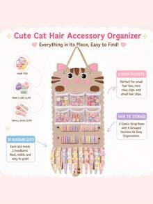1pc Yellow Tabby Cat Shaped Hanging Storage Bag, Multi-Functional Hair Accessory Organizer, Can Store Hair Clips, Hair Ties And Glasses, Combines Hanging Storage Box And Storage Bag Functions, Suitable For Room Decor, Home Decor, Wardrobe And Dormitory - Yellow - View 7