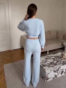 Senya 2026 Women's 3 Pieces Knit Set, Ribbed Cropped Tank Top, Bolero Cardigan And Wide Leg Pants, Soft Blue Matching Outfit, Fashion Quiet Luxury Casual Wear - Baby Blue - View 5