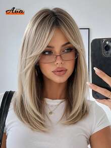 Topshe Ava WIGS 18英吋黑棕色長層次假髮附瀏海，柔軟易造型合成纖維髮，適合女性日常穿著、工作、度假，亦可作為萬聖節與聖誕節女性禮物 - 金色 - 查看 1