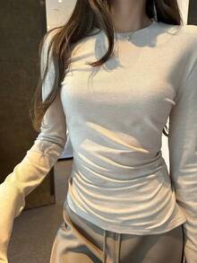 Casual Versatile Asymmetrical Hem Knit Inner Layer T-Shirt Top For Women, Autumn/Winter - Khaki - View 3