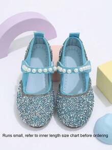 1 Pair Girls' Dual-Color Rhinestone & White Pearl Hook-And-Loop Blue Flat Shoes, Suitable For Performance And Daily Wear - Blue - View 2