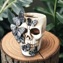 1pc Halloween Skull Planter Decor, Gothic Skeleton Head Flower Pot With Butterfly Design, Spooky Home Tabletop Decoration, Party Ornament - Multicolor - View 2