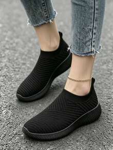 Women's Comfortable Breathable Casual Sports Shoes With Elastic Upper, Suitable For Plus Size, Gym, Commuting, Walking - Black - View 5