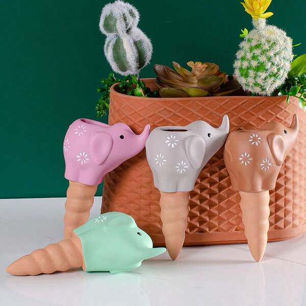 4pcs Creative Red Ceramic Cute Elephant Water Seepage Device, Adorable Animal Red Clay Automatic Watering Device, Slouchy Person Outdoor Gardening Irrigation Tool Decor