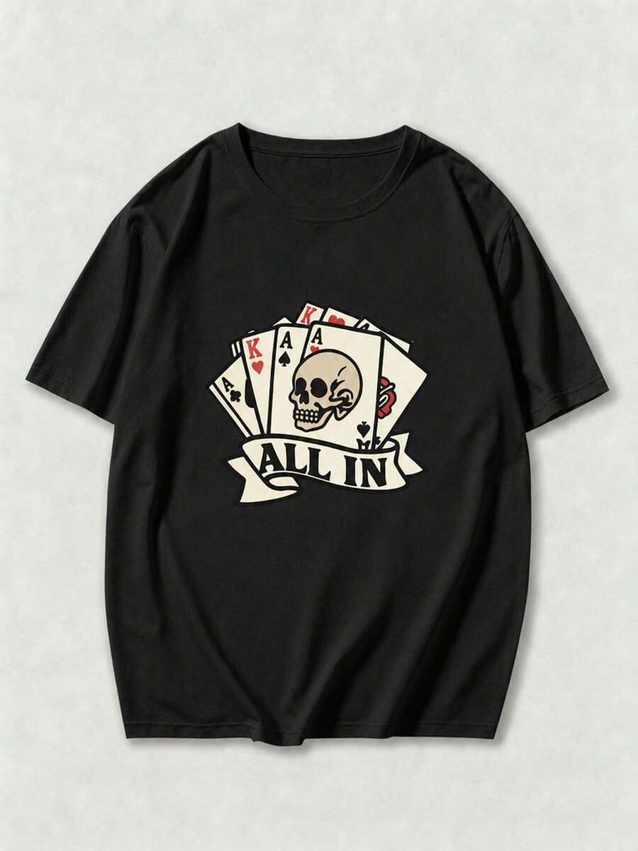 Camiseta de Cuello Redondo para Hombre con Diseño Gráfico de Calavera de Póker "ALL IN" de Vintage Tattoo, Camiseta de Manga Corta con Diseño de Cartas de Juego Retro - estilo2 - Ver 1