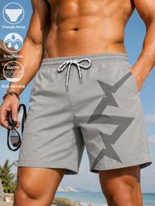 Men's Solid Color Artistic Print Swim Trunks With Elastic Waistband, Drawstring, Slanted Pockets, Mesh Lining, Casual Beach Shorts For Vacation - Multicolor - View 1