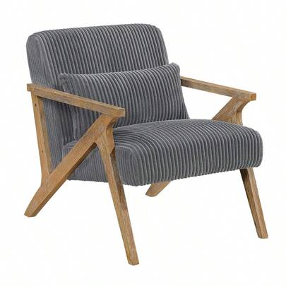 Upholstered Accent Chair With Pillow Gray Soft Corduroy Foam Seat Cushion Solid Rubberwood Modern Home Furniture 1pc-XY263555