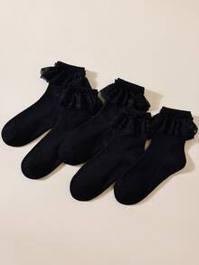 1/3/5 Pairs Women's Black Lace Ruffle Trim Short Socks, Soft Breathable Ribbed Knit Ruffle Mid-Calf Socks, Suitable For Daily Wear, Party, Cosplay, Vintage Ballet Core Lolita Princess Dress Socks - Black - View 3