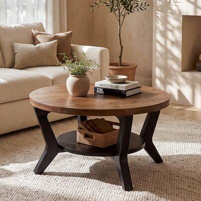 FINMIND 2-Tier Round Coffee Table, Mid-Century Modern Solid Fir Wood Cocktail Table, Rustic Farmhouse Living Room Center Table