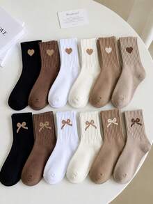 12/6 Pairs Kids Random Heart & Bow Solid Color Mid-Calf Socks In Maillard Tones - Multicolor - View 2